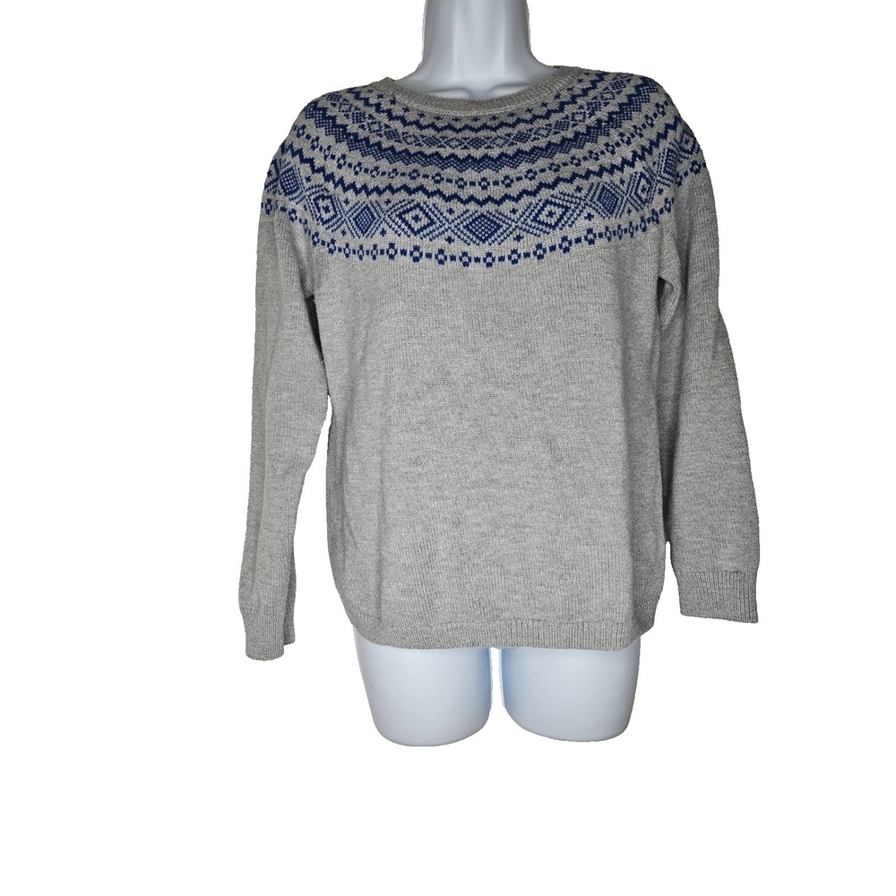 Talbots Fair Isle Sweater Gray Blue Knit Crewneck Womens Medium Cozy